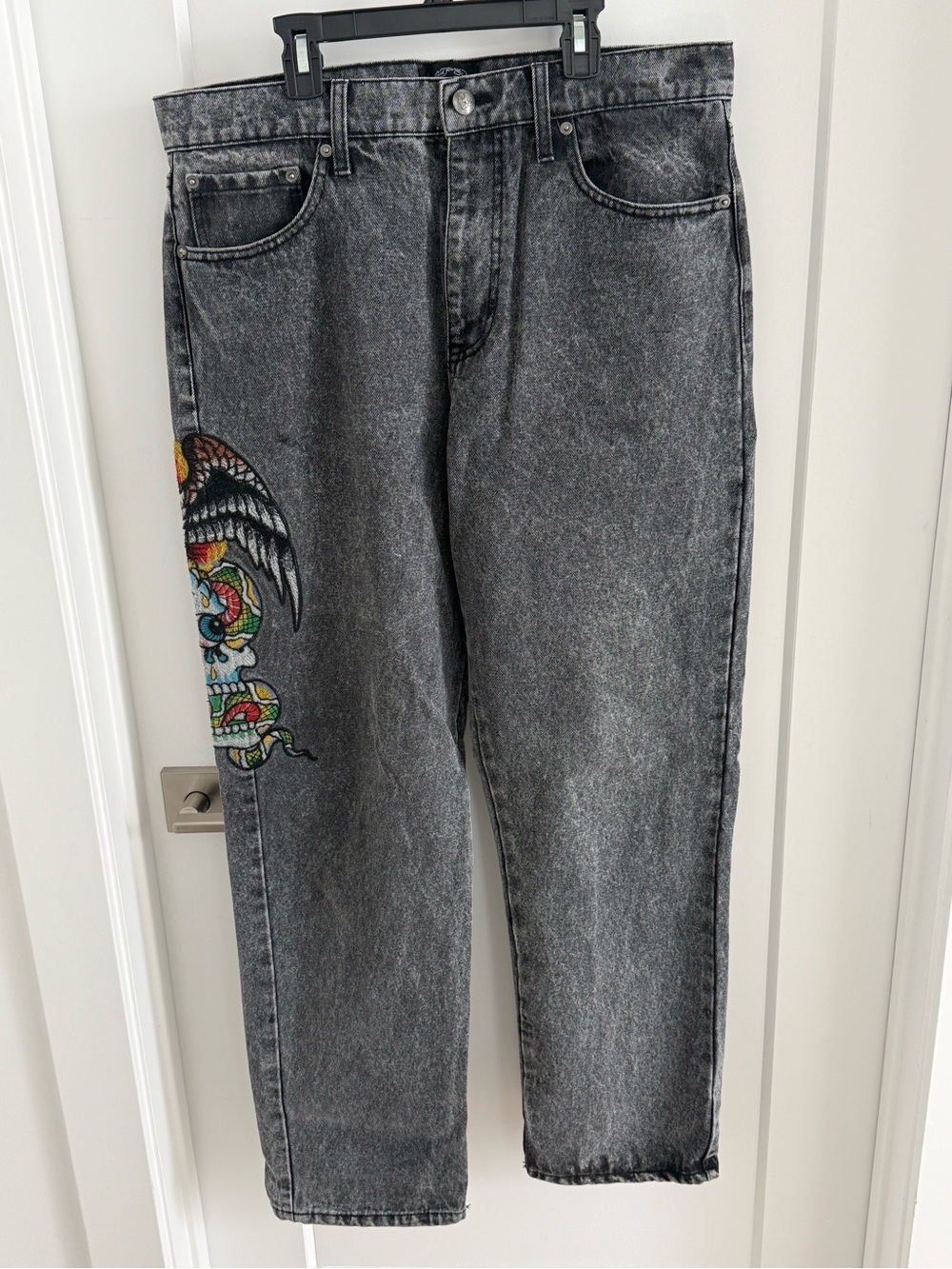 Ed Hardy Jeans Size 34 Black/Gray Loose Baggy Fit Eagle Skull Embroidered